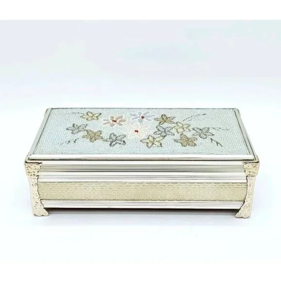 Vintage Schmid Bros Musical Jewelry Box Floral Beaded Blue Honey Tune Trinket